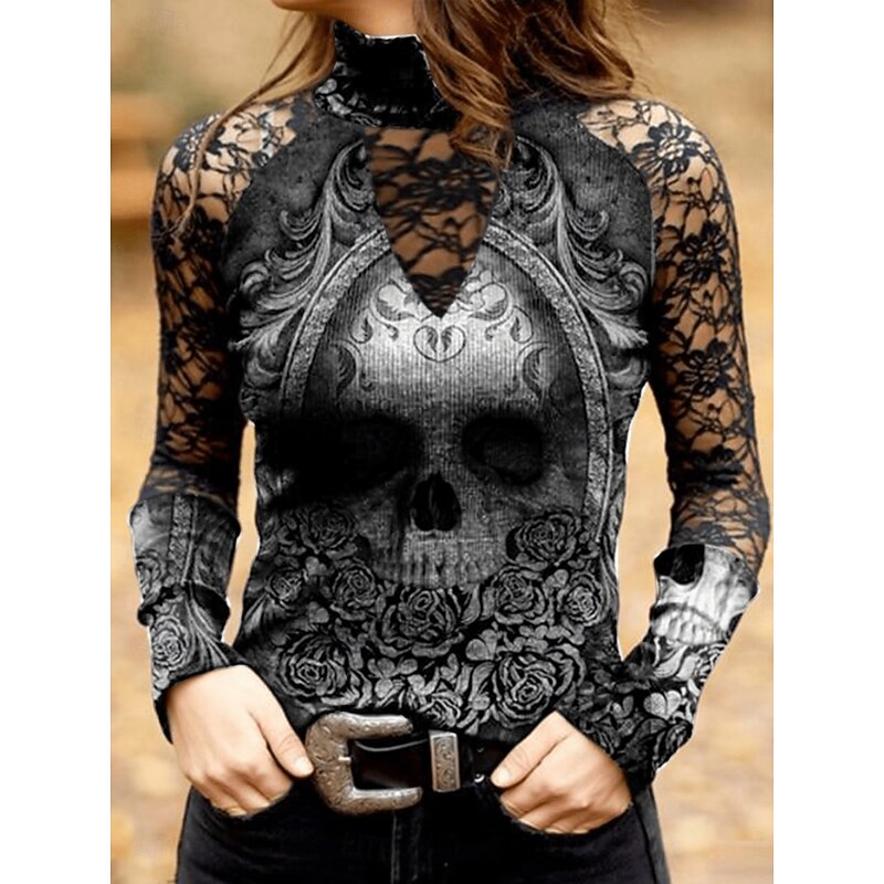 Halloween Women's Blouse Vintage Rock Hippie Long Sleeve High Neck Regular Tops Daily Print Black Green Spring Fall Winter