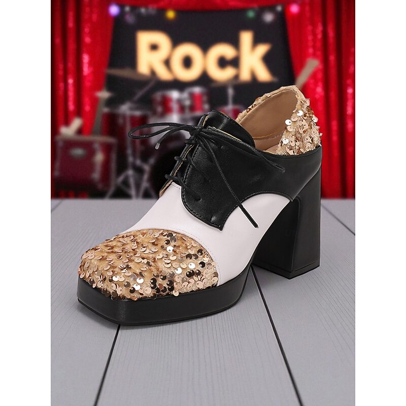 Women's Sequin Oxford Chunky Heel Shoes - 1980s Retro Lace-Up Platform Block Heel Party Pumps for Evening, Cocktail and Dance Wear2