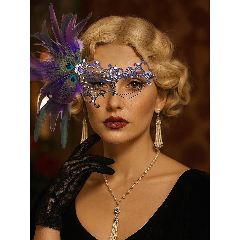 Women's Green Feather Lace Masquerade Mask with Peacock Details and Rhinestone Accents, Vintage Gothic Costume Accessory for Halloween Party2