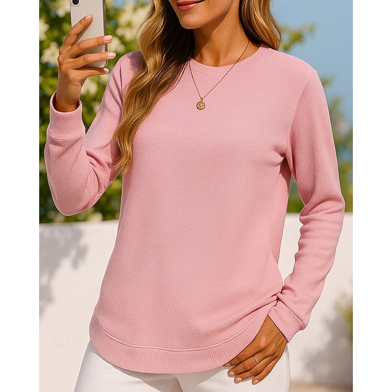 Women's Pullover Sweatshirt Casual Tops Waffle Long Sleeve Top Athleisure Fall Solid Colored Lightweight Outdoor Travel Sports Sportswear Activewear Black White Pink3