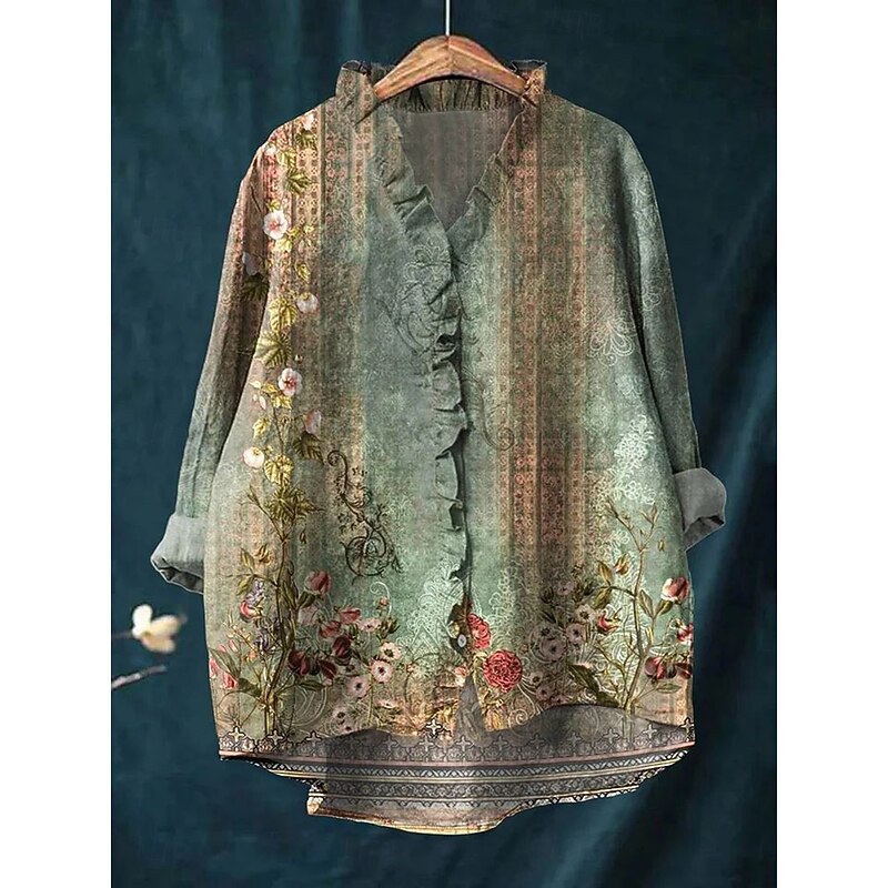 Women's Boho Shirt Graphic Animal Elegant Bohemia Active Long Sleeve Regular Tops Daily Holiday Going out Ruffle Blue Green Light Blue Summer Spring Fall2