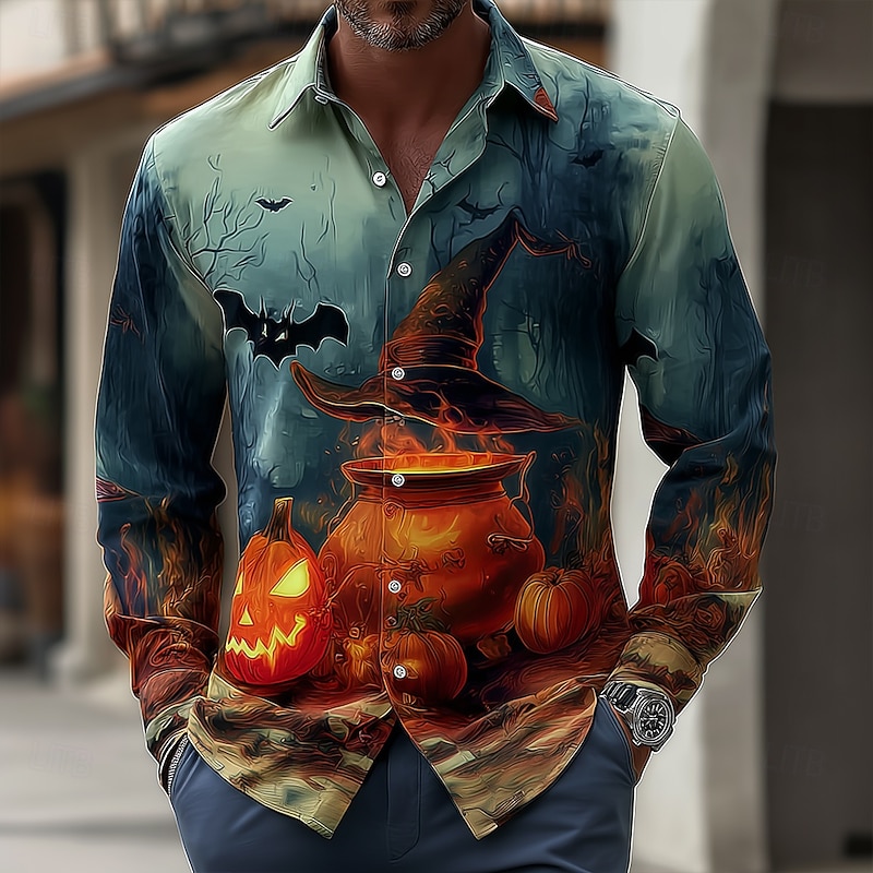 Halloween Men's Pumpkin Halloween Costumes Witch Hat Shirt Button Up Shirt Long Sleeve Dark Gothic Style Outdoor Holiday Summer Spring Turndown 3D Print Collared Shirts Dark Blue