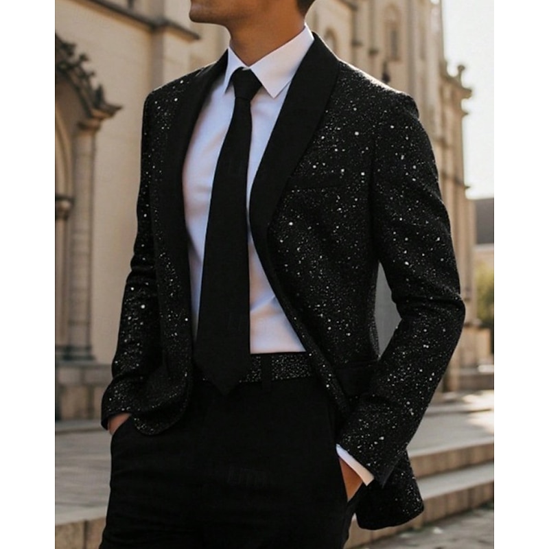 Men's Blazer Business Cocktail Party Wedding Party Fashion Casual Spring Fall Polyester Plain Pocket Glitter Comfortable Single Breasted Blazer Black