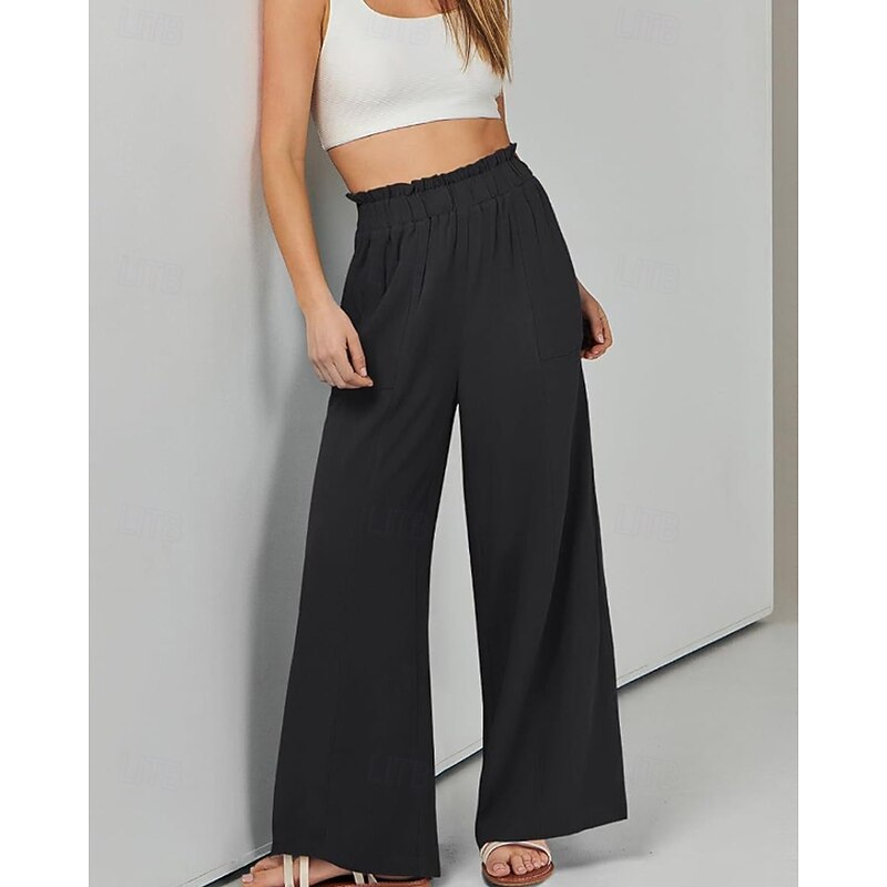 Women's Wide Leg Slacks Streetwear Casual Full Length Natural Plain Pocket Elastic Waist Soft Holiday Daily Wear Weekend Apricot Black Khaki Fall Regular Fit3