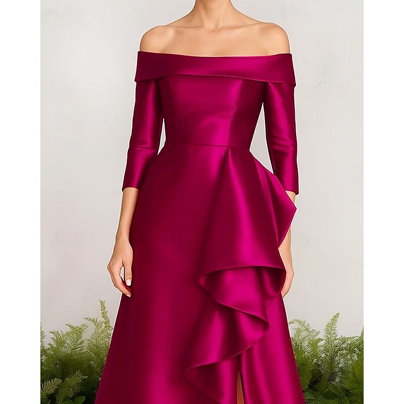 A-Line Evening Gown Stretch Satin Ruffle Dress Elegant Dress Formal Wedding Sweep / Brush Train 3/4 Sleeve Off Shoulder with Slit 20253
