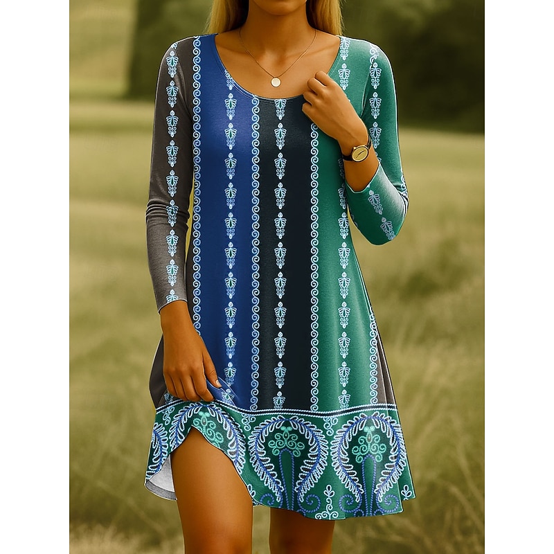 Women's Knee Length Dress Knit Dress Casual Dress T Shirt Dress Tee Dress Sundress Casual Regular Fit Graphic Paisley Long Sleeve Crew Neck Pink Blue Purple Brown Spring Fall Winter4