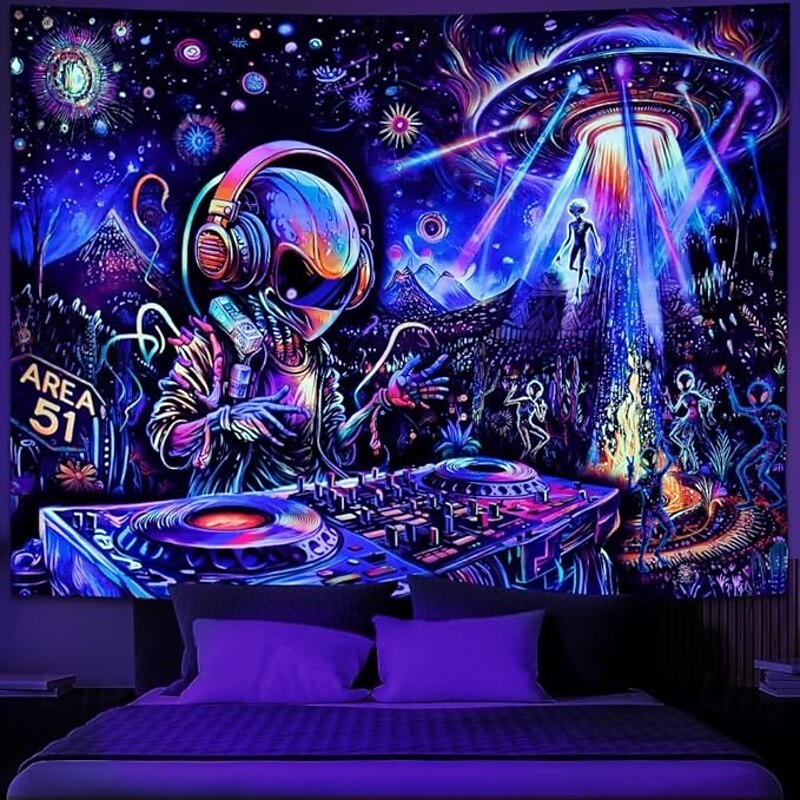 Alien DJ Blacklight Tapestry – Area 51 Psychedelic Glow in the Dark Wall Hanging for Bedroom or Living Room Trippy Space Decor