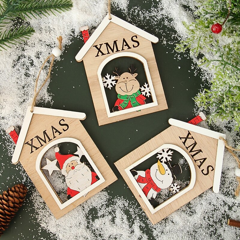 3PCS Christmas Wooden House Ornaments, Cartoon Santa Claus and Snowman Hanging Decorations, Festive Xmas Tree Hanging Decor for Holiday Home Decoration and Christmas Gifts3