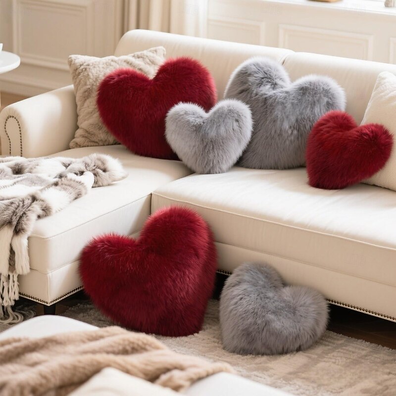 Wine red and Gray Heart-Shaped Pillow, Faux Fox Fur Heart Decorative Cushion for Bed, Soft Fluffy Throw Pillow for Chair, Sofa, Living Room - Plush Accent Pillow for Home Decor3