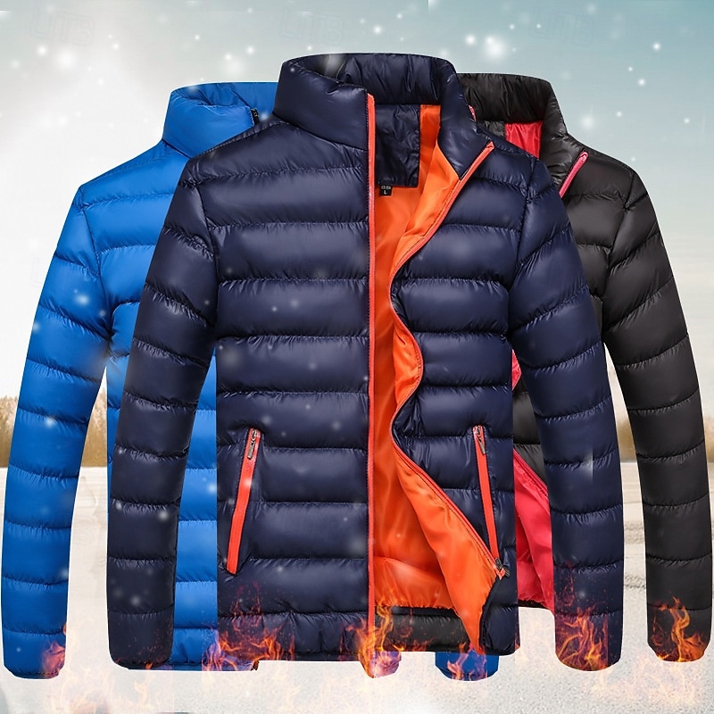 Men's Winter Coat Puffer Jacket Padded Jacket Pocket Polyster Vacation Daily Wear Date Regular Fashion Casual Comfortable Thermal Warm Winter Solid / Plain Color Black Red Dark Blue Light Sky Blue
