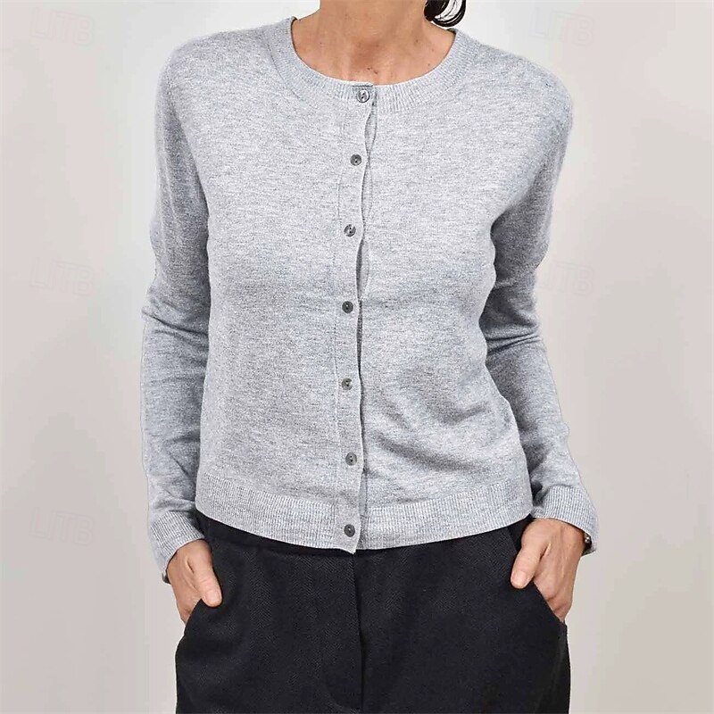 Women's Sweater Fashion Solid Color Ribbed Crew Neck Buttons Knitted Long Sleeve Regular Tops Knit Holiday Going out Weekend Black White Fall4