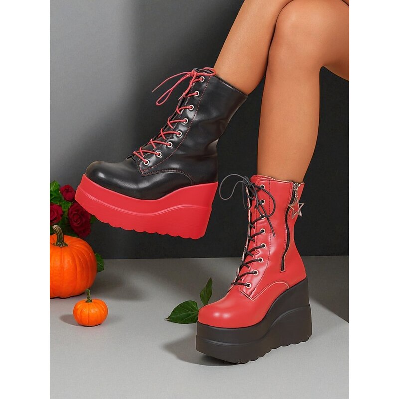 Women's Red and Black Platform Lace-Up Ankle Boots - Bold Gothic Chunky Heel Combat Style Shoes for Nightlife and Halloween Party Outfits4