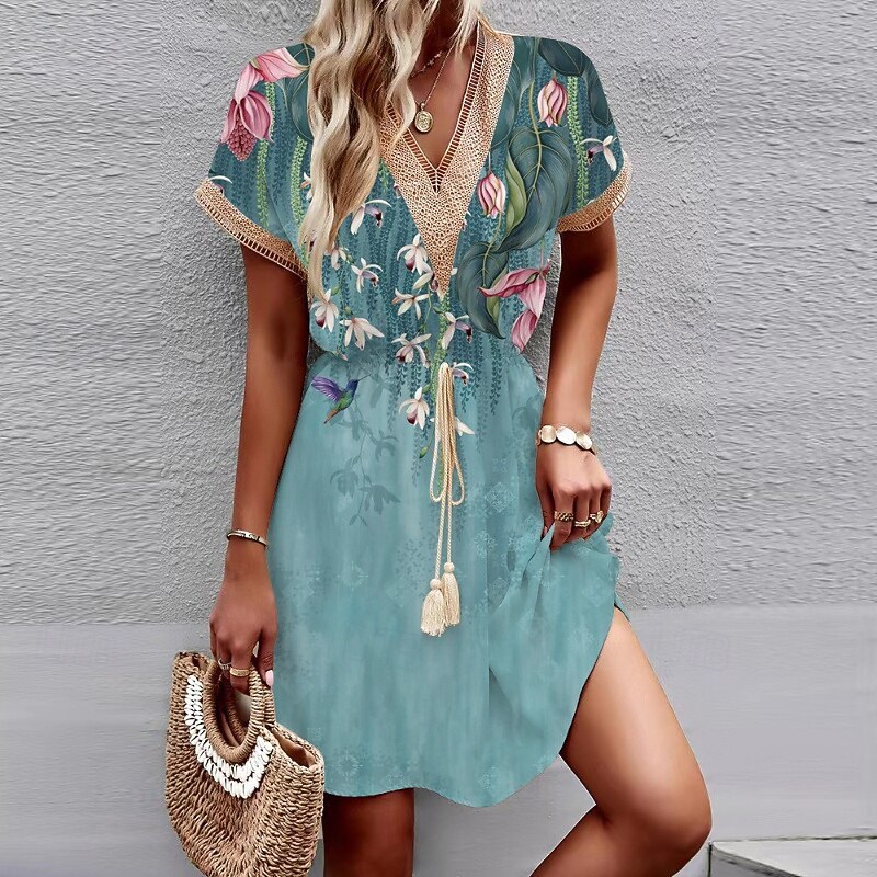 Women's Mini Dress Floral Dress Print Dress Classic Modern Vacation Holiday Going out Regular Fit Flower Short Sleeve V Neck Yellow Blue Summer3