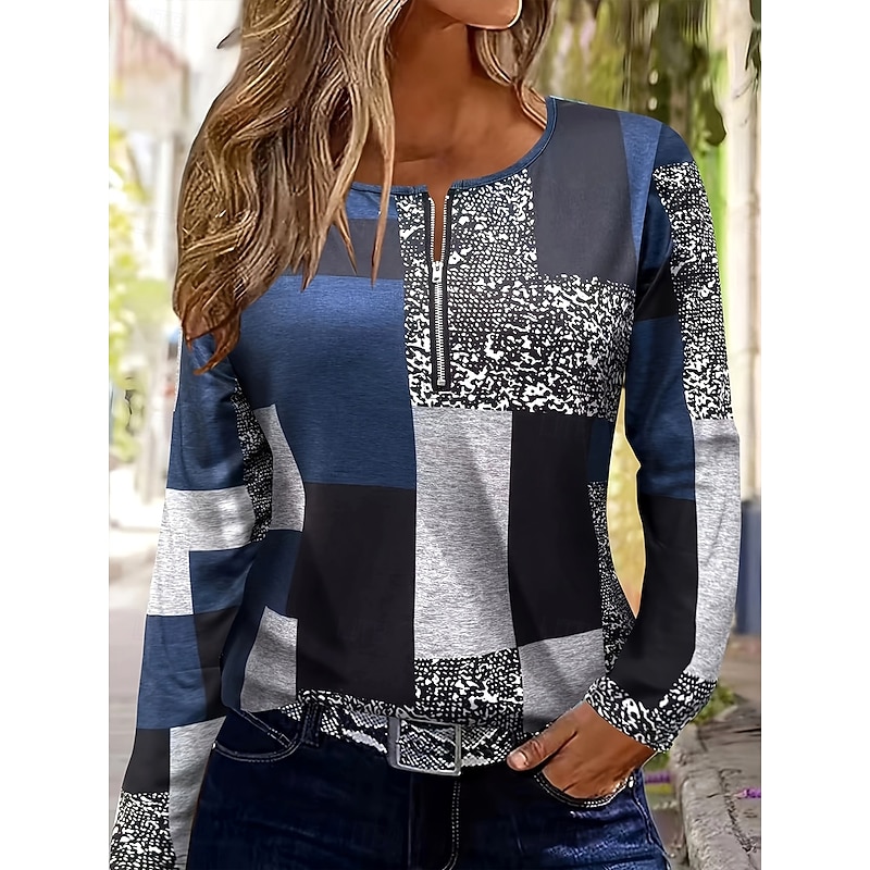 Women's T Shirt Graphic Geometric Color Block Vintage Stylish Classic Long Sleeve Crew Neck Round Neck Regular Tops Daily Print Navy Blue Spring Fall Winter