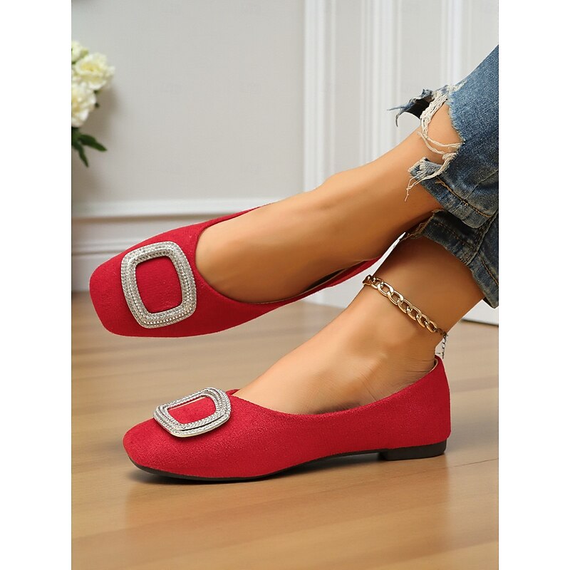 Women's Red Rhinestone Buckle Ballet Flats - Elegant Round Toe Slip-On Shoes for Offic,Daily Wear and Afternoon Tea Parties4