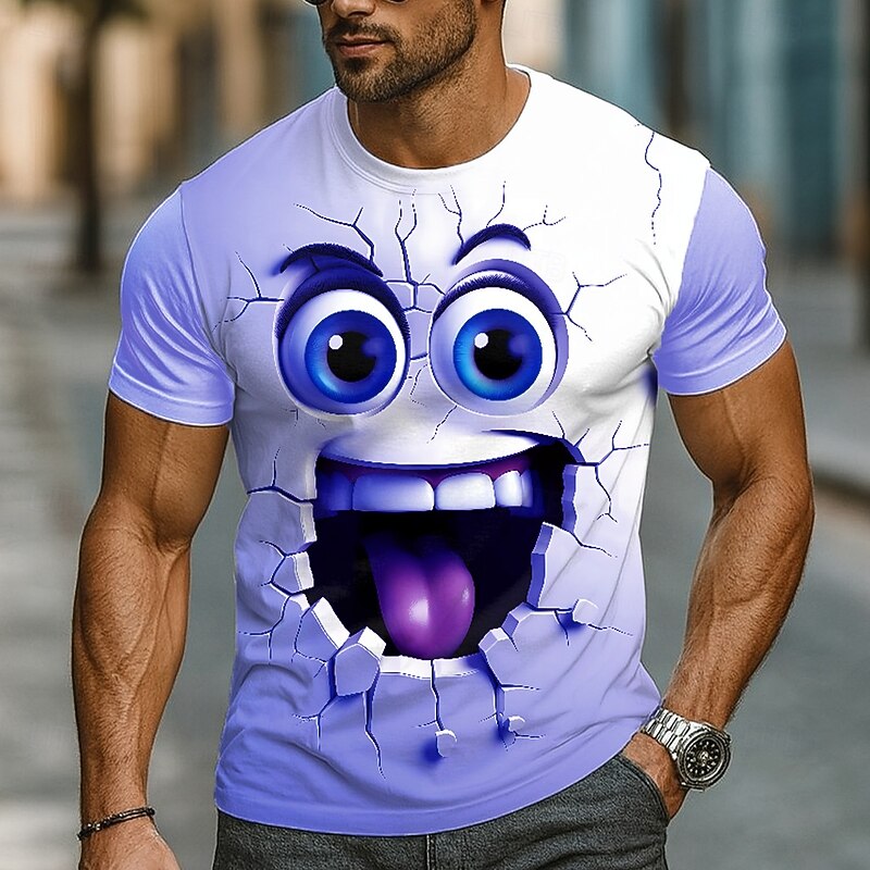 Men's Optical Illusion 3D Funny Emotes T Shirt Short Sleeve T shirt 3D Print Crew Neck Shirt Exaggerated Designer Party Daily Holiday White Purple Summer Spring All Seasons Clothing Apparel S M L XL2