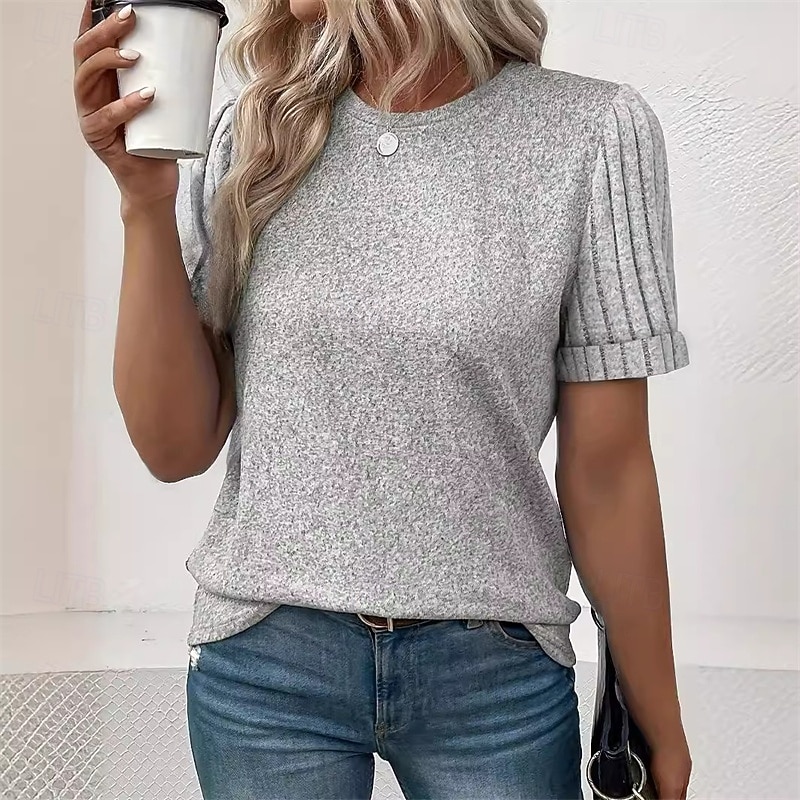 Women's Texture Blouse T Shirt Tee Top Plain Fashion Modern Short Sleeve Crew Neck Regular Tops Daily Going out Gray Summer