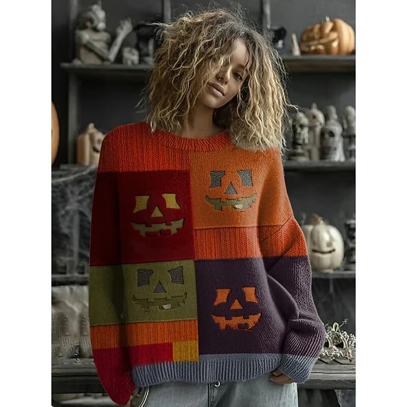 Halloween Women's Sweater Black Cat Print Cute Streetwear Casual Graphic Animal Crew Neck Patchwork Knitted Long Sleeve Regular Tops Knit Work Purple Orange Fall Winter4