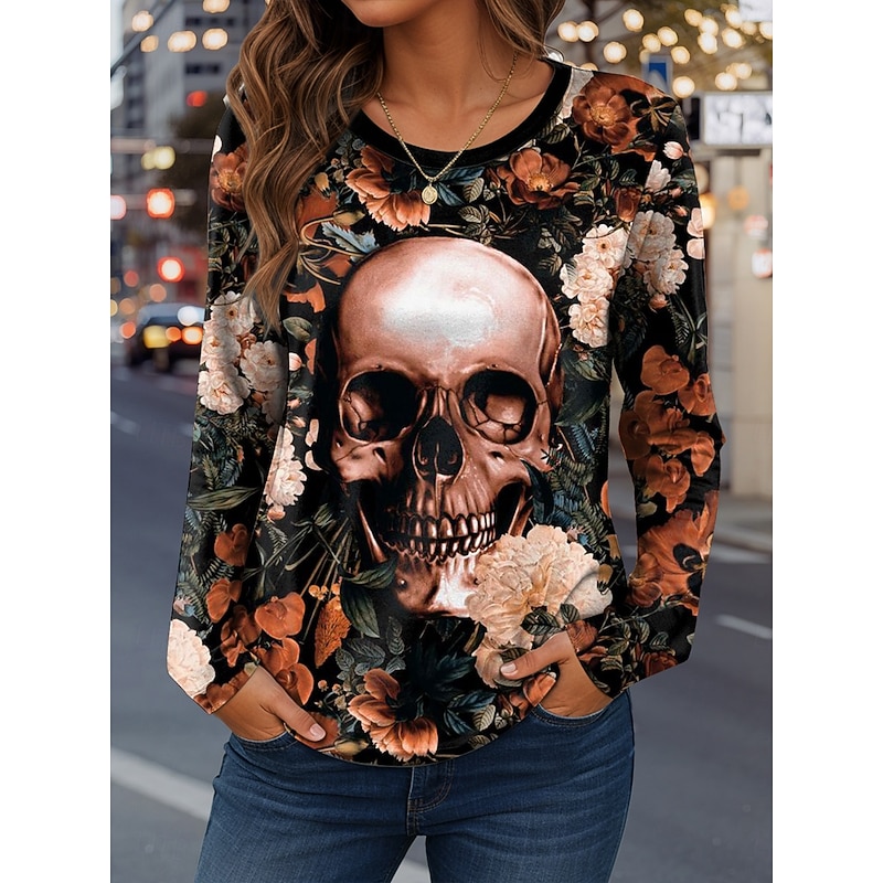 Halloween Women's T Shirt Skulls Graphic Vintage Fashion Casual Long Sleeve Crew Neck Regular Tops Daily Weekend Print Pink Red Blue Gray Spring Fall3