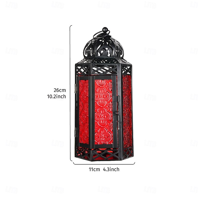 Vintage Iron Hanging Candle Lantern – 6-Sided Colored Glass Decorative Holder, Windproof Metal Tealight Lantern for Home, Bar, Restaurant, Wedding, Party Décor & Gift3