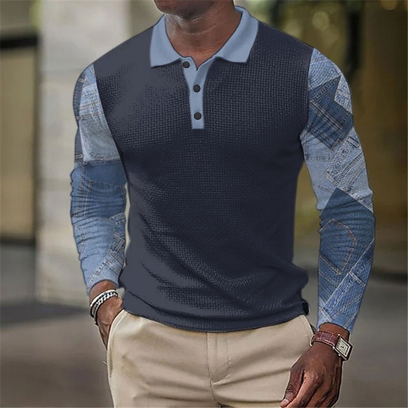 Men's Plaid Golf Shirt Long Sleeve Polo Shirts Collared Shirts Vintage Casual Vacation Wear Formal Wear Festival Wear Buttons 3D Print Fall & Winter Black Dark Navy Blue