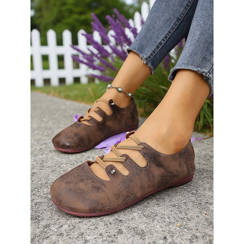 Women's Wide-Width Dark Brown Faux Leather Flats with Adjustable Straps – Comfortable Retro Casual Shoes for Daily Wear and Walking4