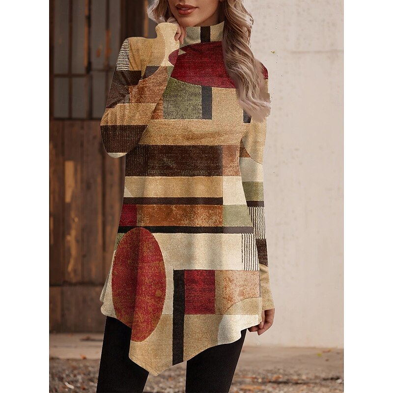 Women's T Shirt Graphic Geometric Stylish Casual Long Sleeve High Neck Regular Tops Daily Weekend Asymmetrical Yellow Light Brown Brown Khaki Spring Fall Winter2