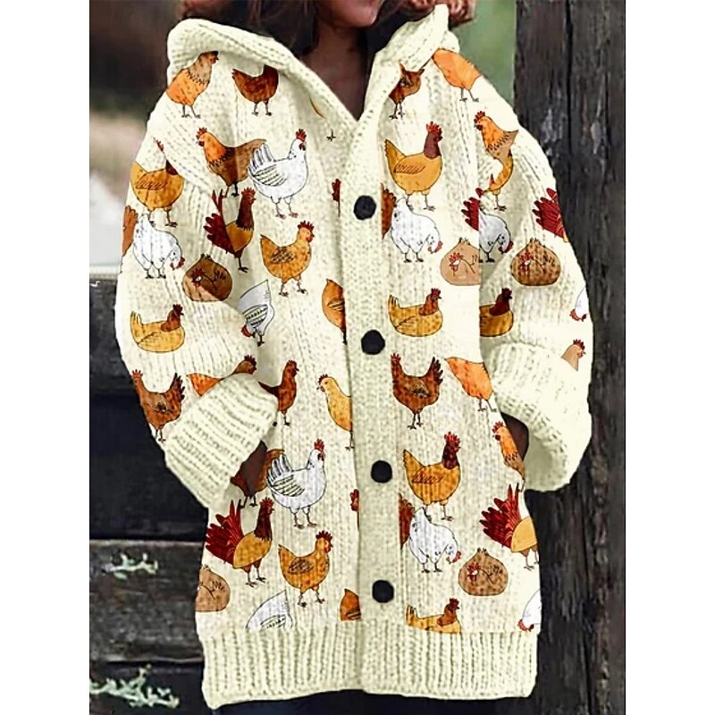 Women's Cardigan Vacation Daily Floral Ribbed Hooded Knitted Print Front Pocket Long Sleeve Regular Tops Knit Outdoor Daily Holiday Green Beige Fall Winter