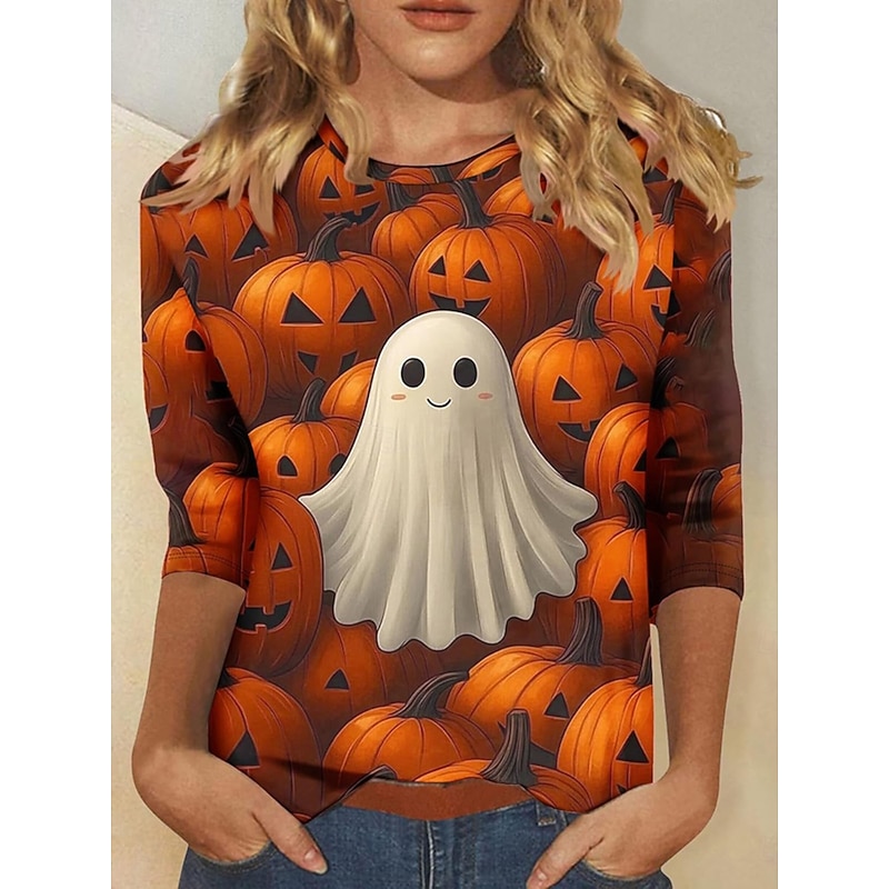 Halloween Women's T shirt Pumpkin Graphic Vintage Fashion Stylish Long Sleeve Crew Neck Round Neck Regular Tops Daily Weekend Print Navy Blue Orange Gray Summer Spring Fall
