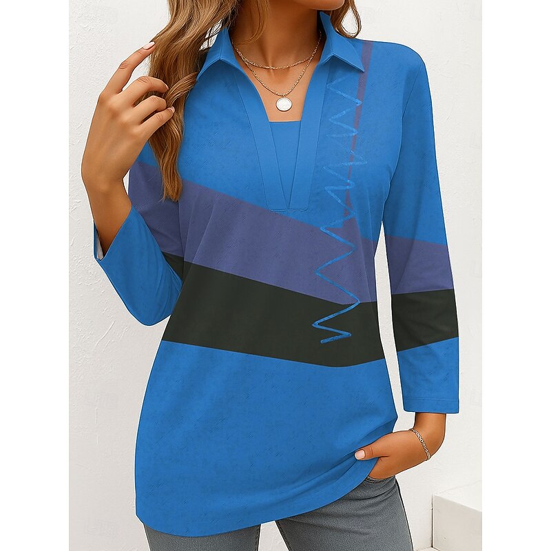 Women's T Shirt Graphic Geometric Vintage Stylish Modern Long Sleeve Shirt Collar Regular Tops Daily Weekend Formal Wear Print Red Blue Purple Spring Fall Winter2
