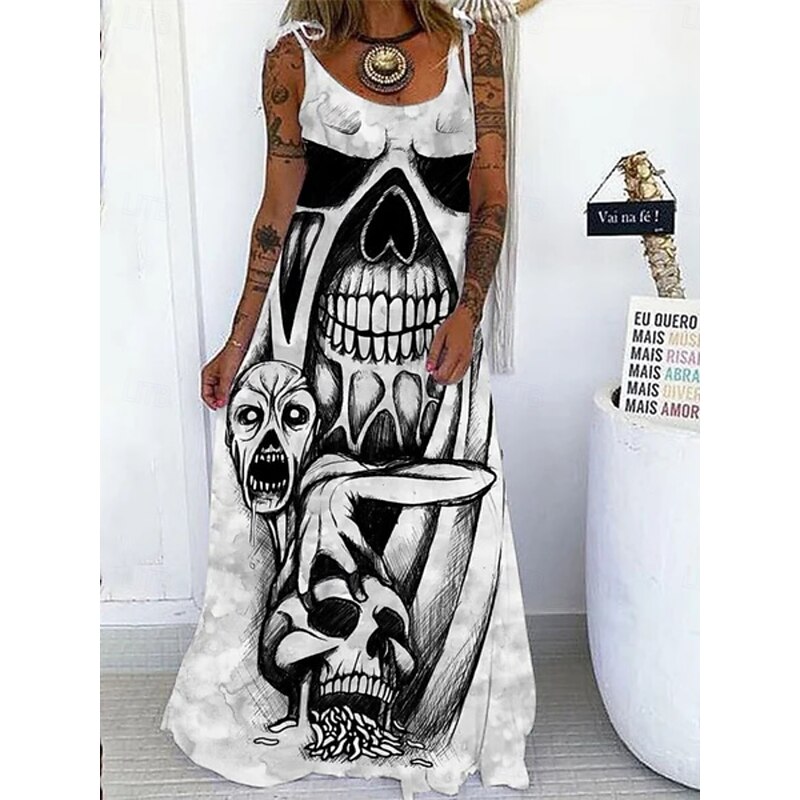 Halloween Women's Skulls Print Maxi Dress Summer Dress Slip Dress Casual Daily Regular Fit Skull Sleeveless U Neck Black White Red Purple Summer4