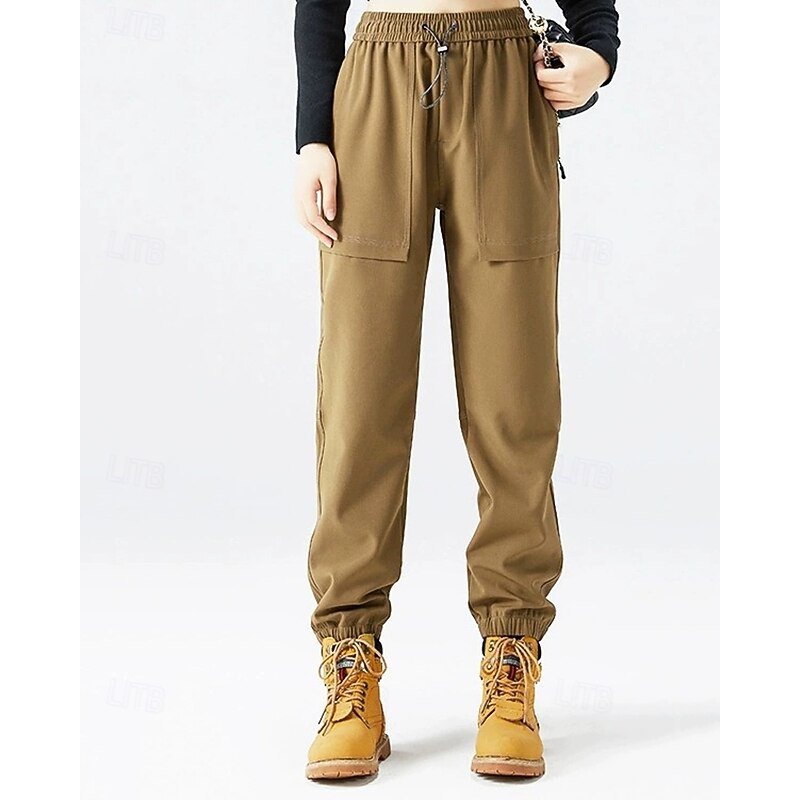 Women's Cargo Pants Fleece Pants Slacks Fashion Plus velvet Full Length Natural Plain Drawstring Windproof Warm Comfortable Street Holiday Daily Wear Dark Brown Black Dark Gray Brown Winter Regular3