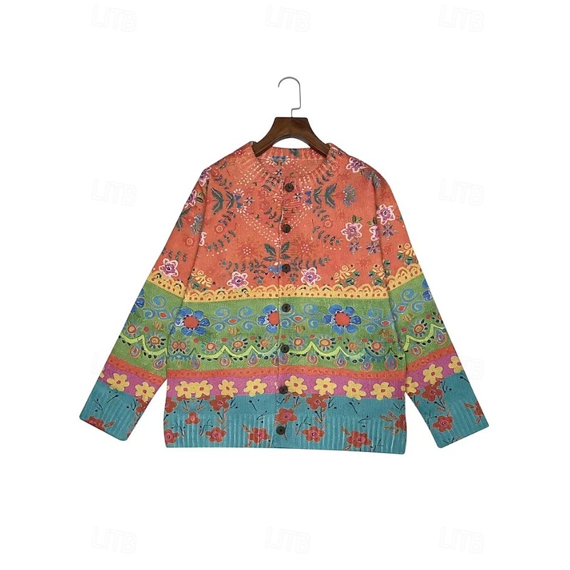 Women's Cardigan Sweater Knitted Ribbed Button Front Round Neck Long Sleeve Lightweight female Elegant Vintage Floral Graphic Striped Buttons Print Knit Outdoor Weekend Pink Purple Fall Winter3