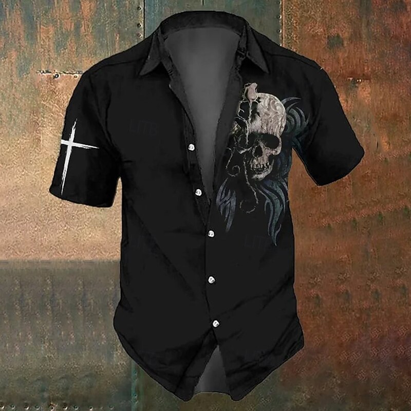Halloween Men's Skull Cross Halloween Costumes Shirt Button Up Shirt Short Sleeve Dark Gothic Style Holiday Summer Spring Turndown 3D Print Collared Shirts Black 1 Black2