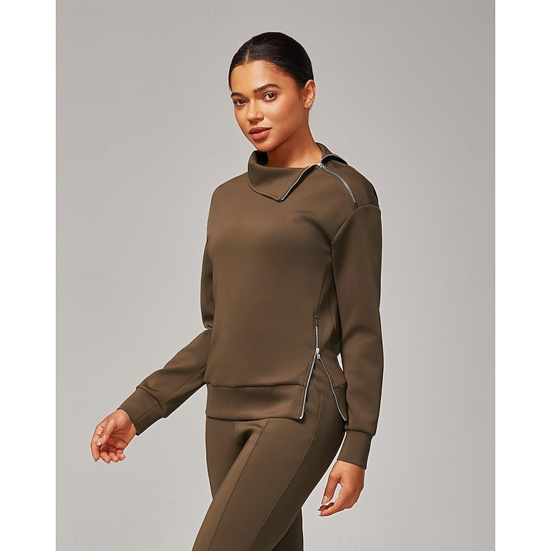Women's Brown Stretch Knit Zip Slit High Neck Top Tracksuit Jacket Stand Collar Stylish Comfortable Casual Daily Work Versatile Fall4