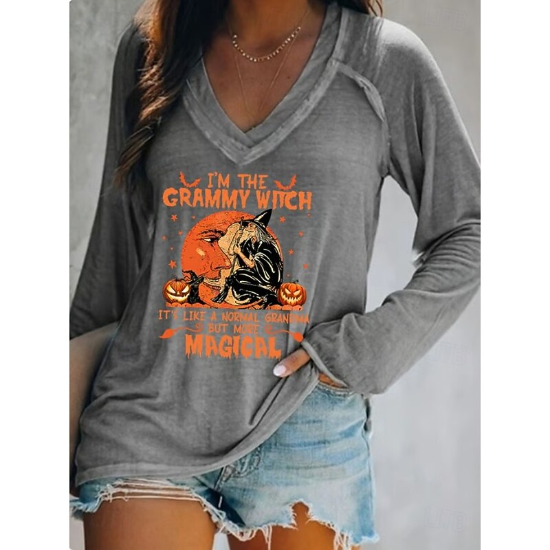 Halloween Women's T shirt Witch Long Sleeve V Neck Long Sleeve Graphic Casual Letter Vintage Stylish Western Tops Daily Weekend Vacation Wear Print Black White Blue Orange Spring Fall Prefall3