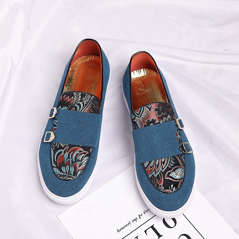 Men's Denim Double Monk Strap Loafers with Ethnic Print – Fashion Casual Slip-On Shoes for Urban Style, Parties and Spring Outfits2