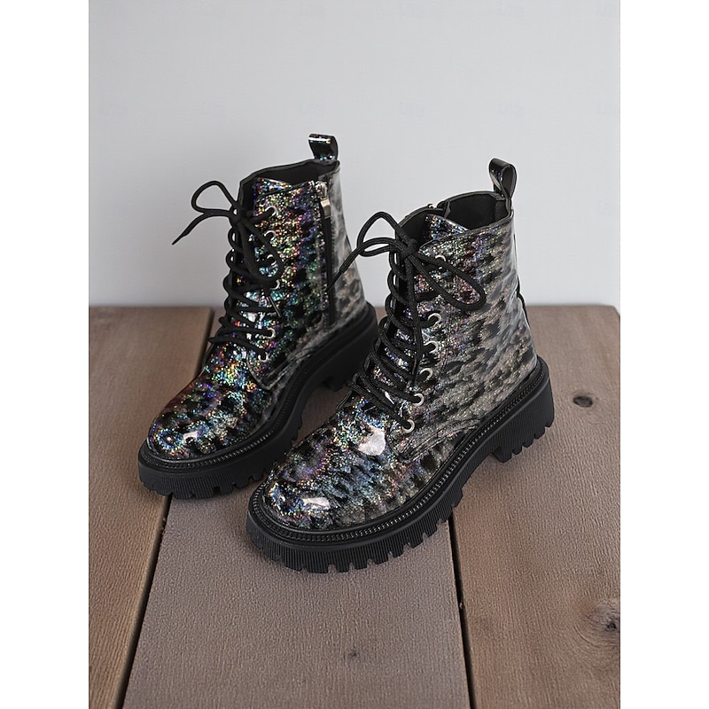 Women's Glitter Leopard Combat Boots Chunky Sole - Fashion Lace-Up Ankle Boots for Women Urban Streetwear and Casual Outfits