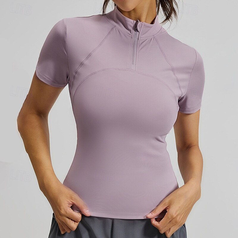 Women's Sport Sweatshirt Stand Collar Soft Quarter Zipper Short Sleeve Sports Solid Color Top For Gym Running Fitness Activewear3