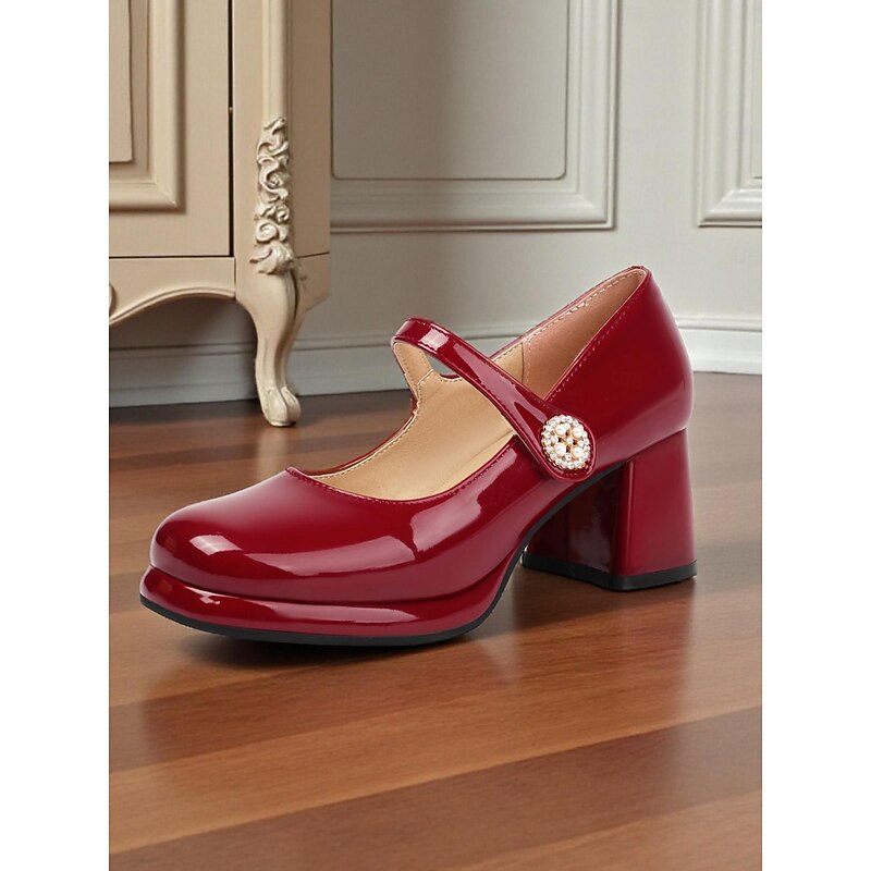 Women's Red Patent Leather Mary Jane Heels - 1950s Retro Round Toe Block Pumps with Pearl Button for Autumn Winter Commute, Office Looks and Vintage Tea Parties2