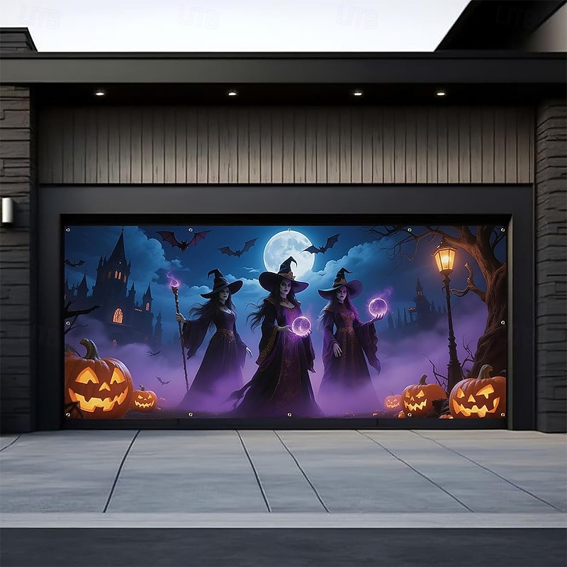 Halloween Garage Door Cover Large Hanging Backdrop Pumpkin Castle Dark Punk Gothic Style Party Outdoor Shooting Backgrounds Yard Haunted House Home Decor3