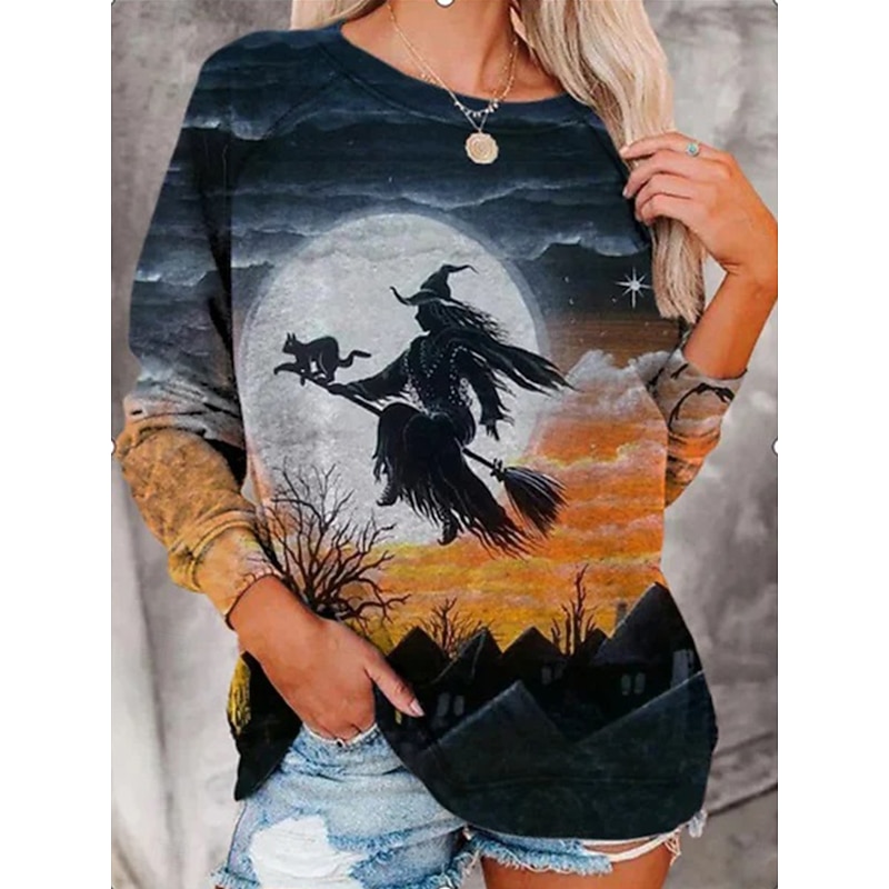 Halloween Women's Sweatshirts Witch Graphic Fashion Casual Long Sleeve Crew Neck Regular Tops Casual Print Blue Purple Orange Summer Spring Fall