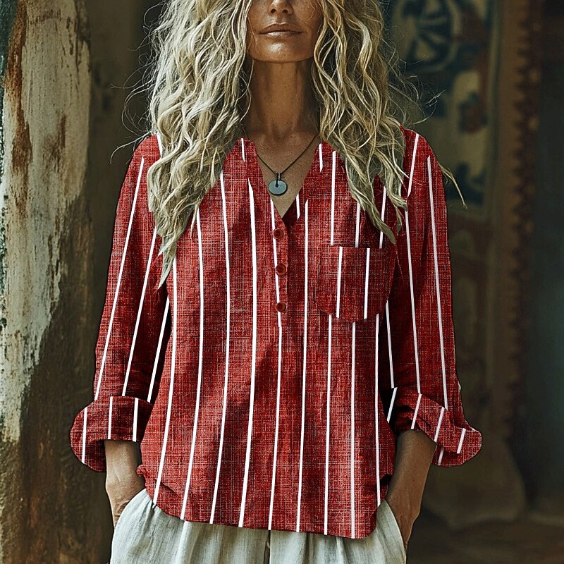 Women's Shirt Texture Blouse Blouse Striped Modern Casual Long Sleeve V Neck Regular Tops Daily Holiday Going out Pocket Buttons Black White Wine Blue Green Fall2