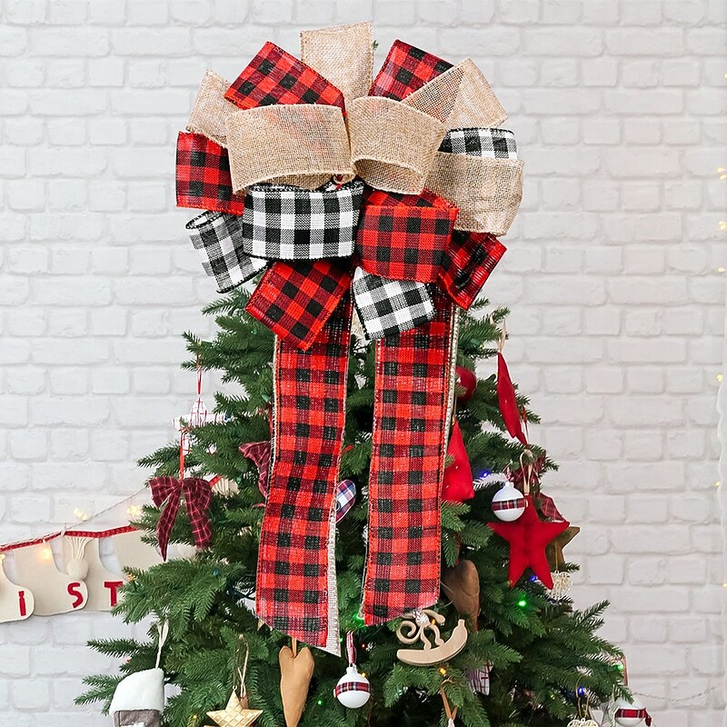 Christmas Plaid Burlap Ribbon Bows, Rustic Christmas Tree Topper Bows, Holiday Decoration Bows for Xmas Tree, Wreaths, Gifts, Party Decor2
