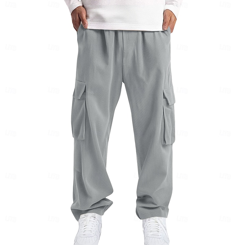 Men's Cargo Pants Corduroy Pants Trousers Baggy Pants Casual Pants Elastic Waist Multi Pocket Straight Leg Plain Comfort Full Length Outdoor Daily Going out Fashion Streetwear Black White Inelastic