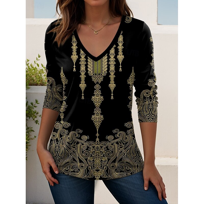 Women's T Shirt Floral Graphic Paisley Vintage Stylish Classic Long Sleeve V Neck Regular Tops Daily Print Black Red Blue Dusty Blue Purple Spring Fall Winter3