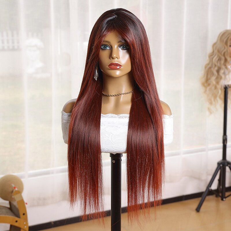 Synthetic Wig Yaki Straight Natural Straight Neat Bang Machine Made Wig 28 inch Dark Wine Synthetic Hair 28 inch Women's Soft Burgundy2