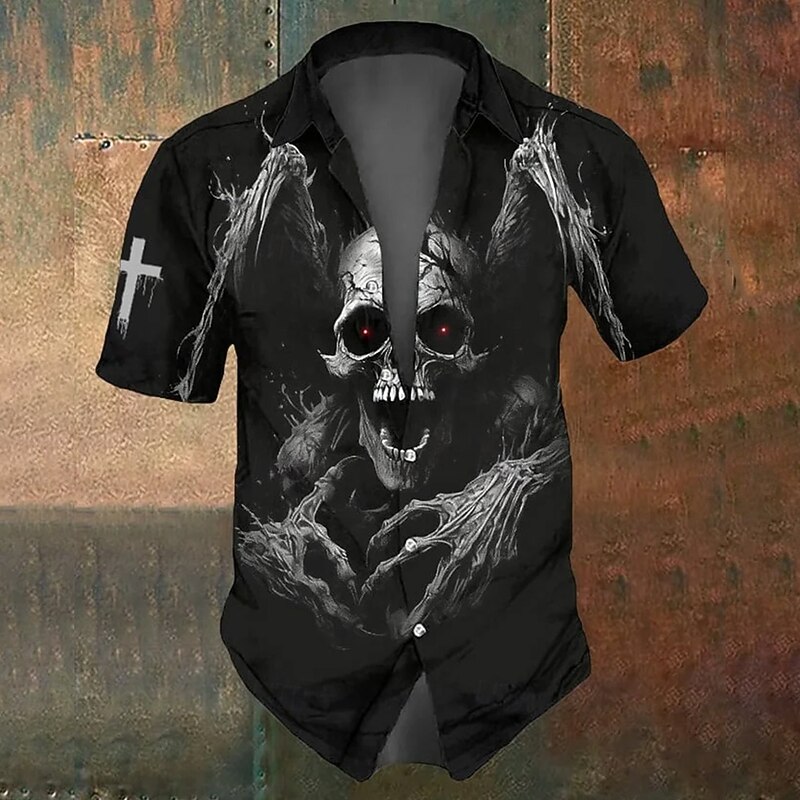 Halloween Men's Skull Death Halloween Costumes Shirt Button Up Shirt Short Sleeve Dark Gothic Style Holiday Summer Spring Turndown 3D Print Collared Shirts Black 1 Black