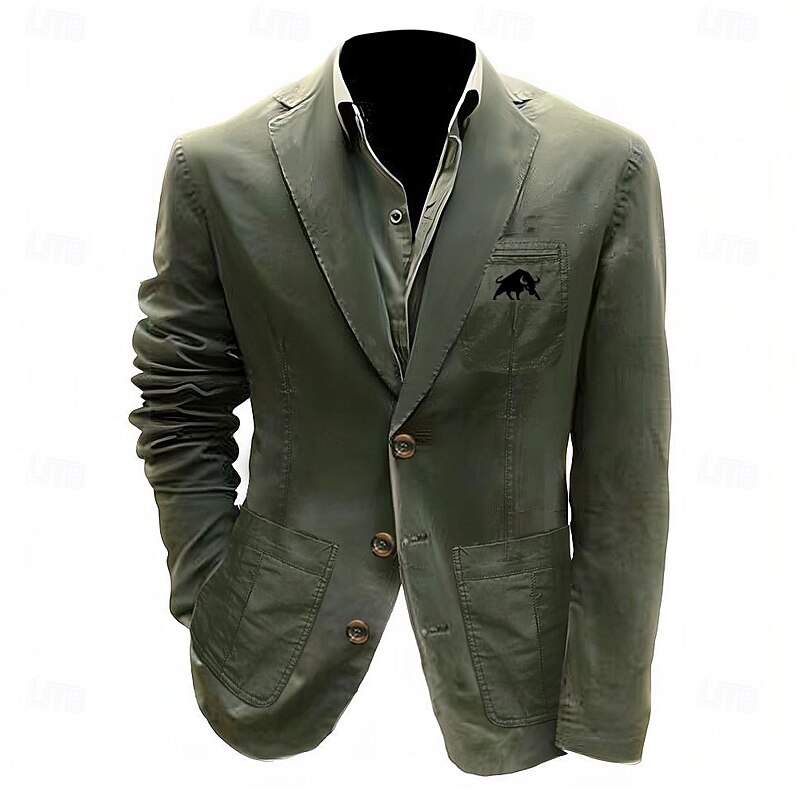 Men's Print Bull Blazer Cotton Suit Jacket Suits Coat Casual Outdoor Dailywear Multiple Pockets Three Button Stripe Lined Suit Jacket Fall Winter Notch lapel collar Long Sleeve Black khaki Army Green2
