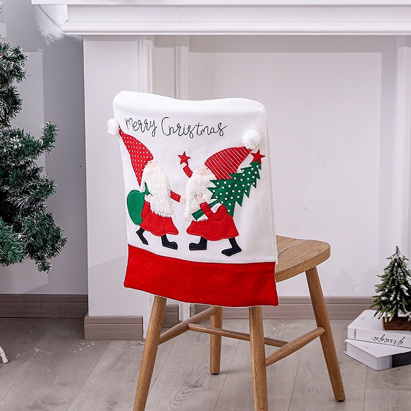 Christmas Chair Cover Red White Velvet Backrest Cap with Faceless Gnome Embroidery for Home Stool Seat Cushion Festive Holiday Dining Room Christmas Decoration Accessory4